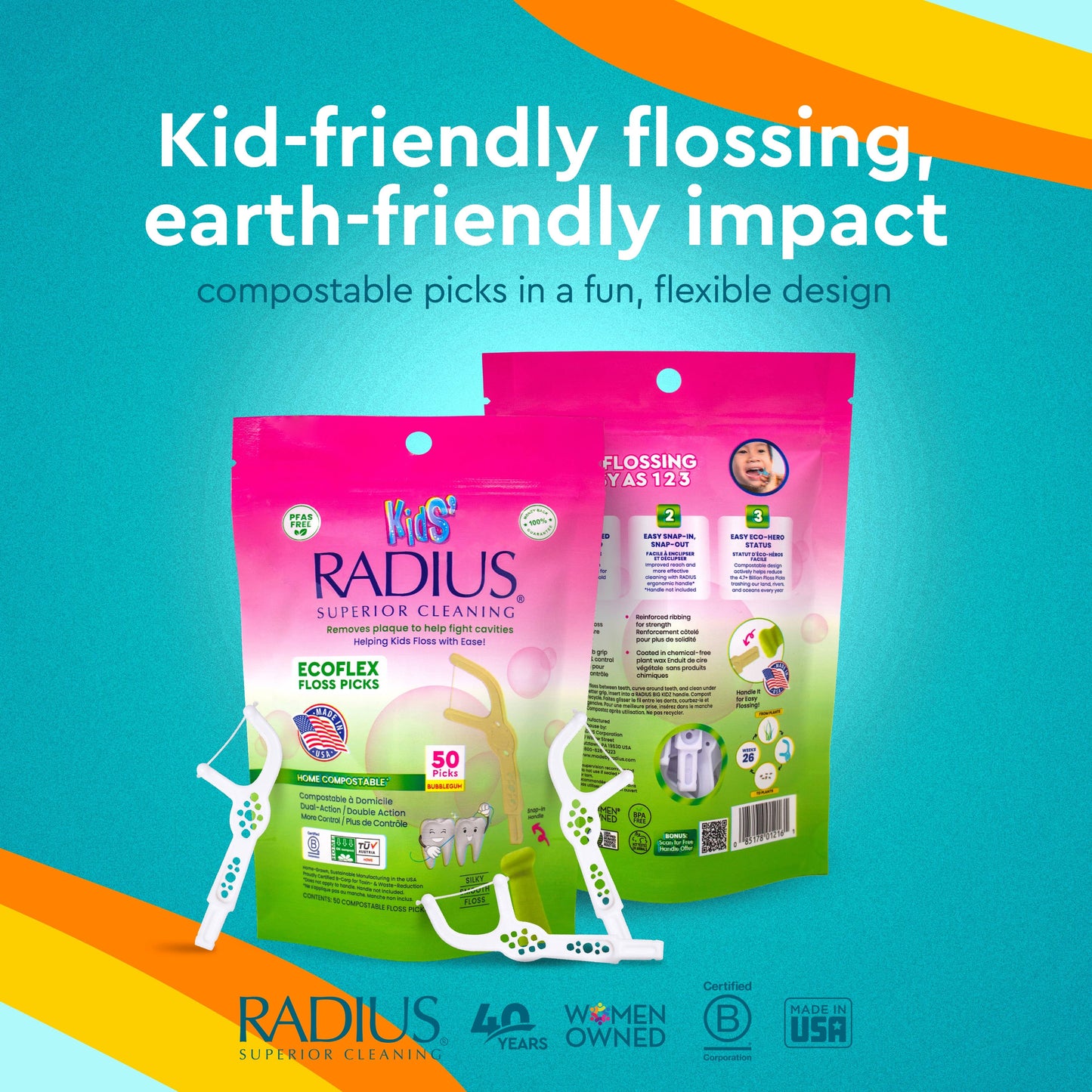 Floss Picks, EcoFlex Compostable KIDS, Bubblegum, Refill 50