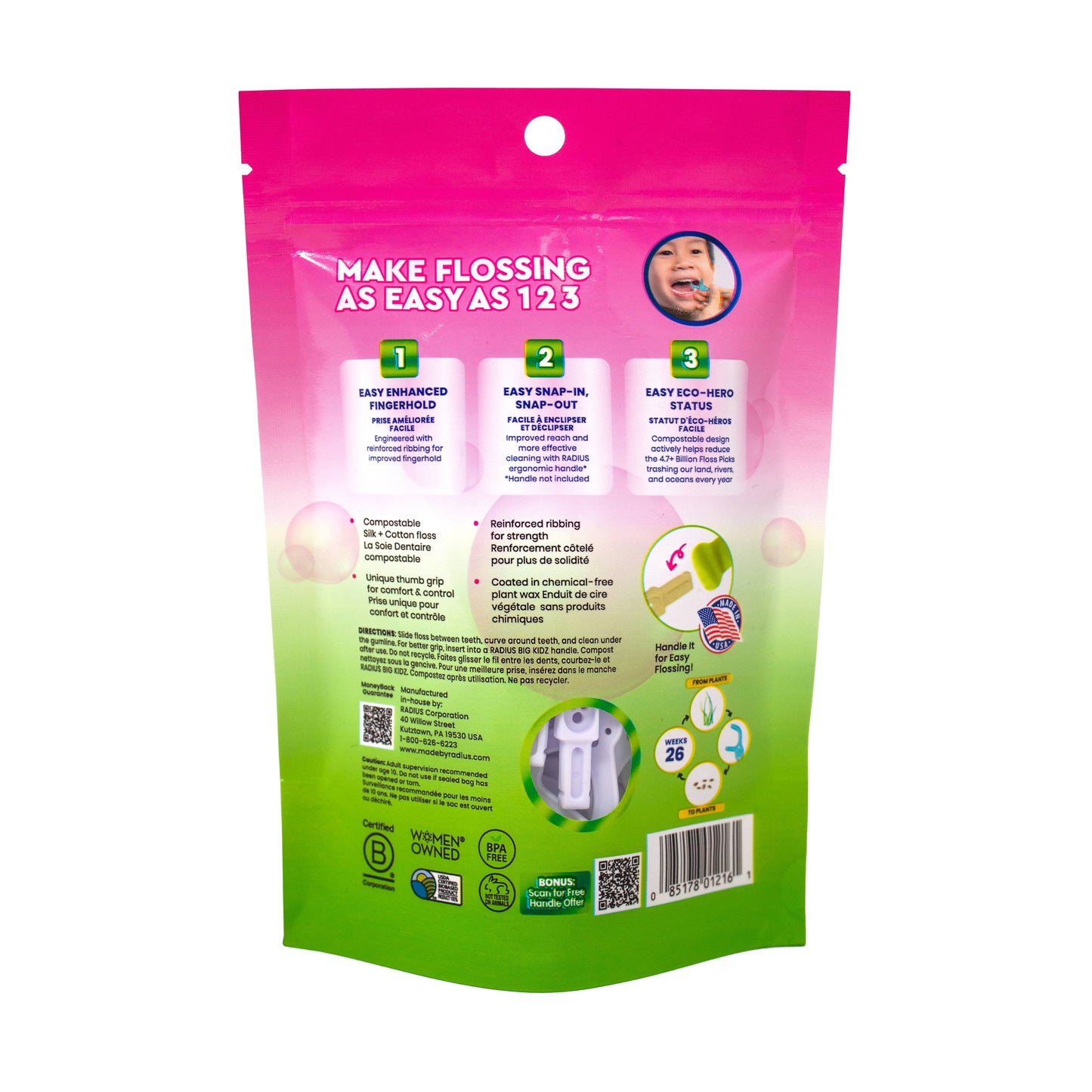 Floss Picks, EcoFlex Compostable KIDS, Bubblegum, Refill 50