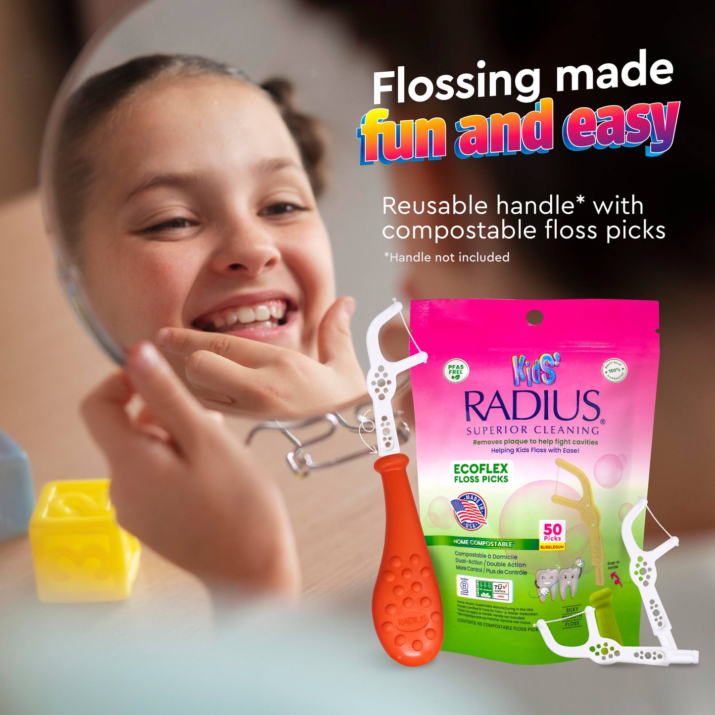 Floss Picks, EcoFlex Compostable KIDS, Bubblegum, Refill 50