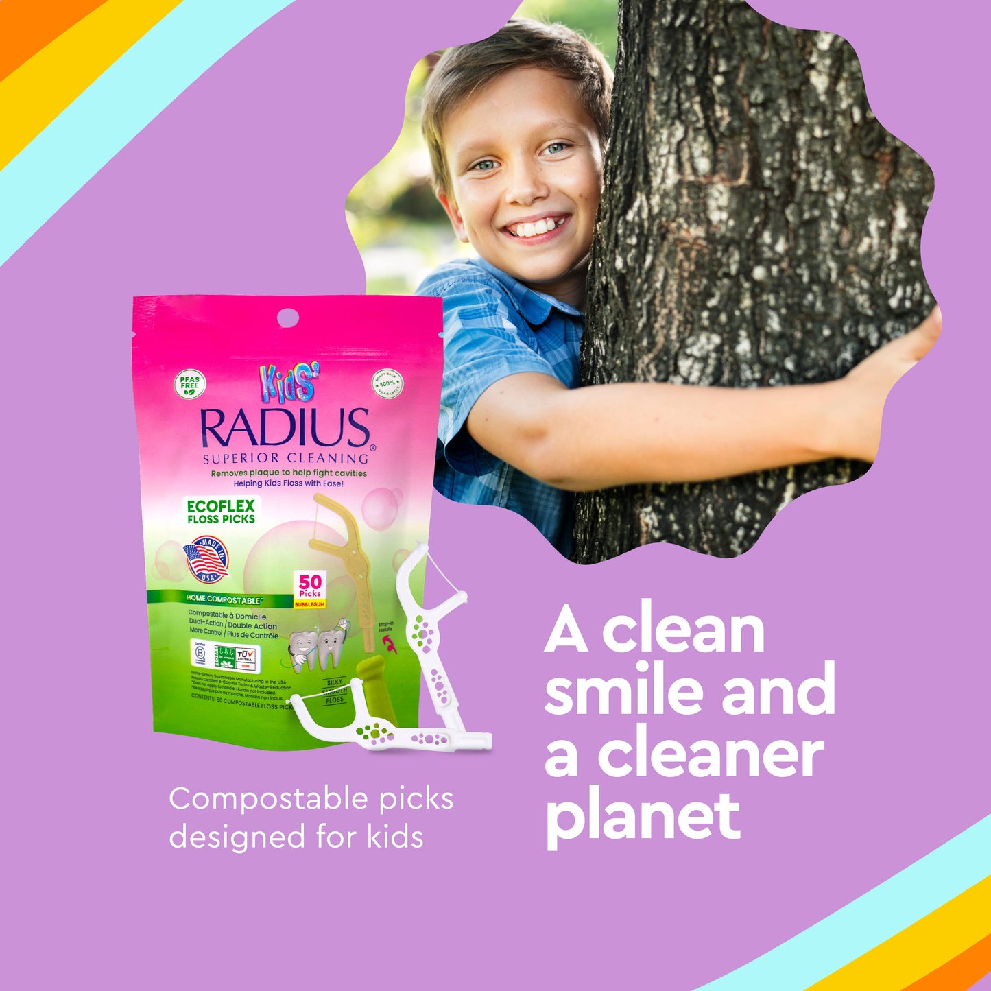 Floss Picks, EcoFlex Compostable KIDS, Bubblegum, Refill 50